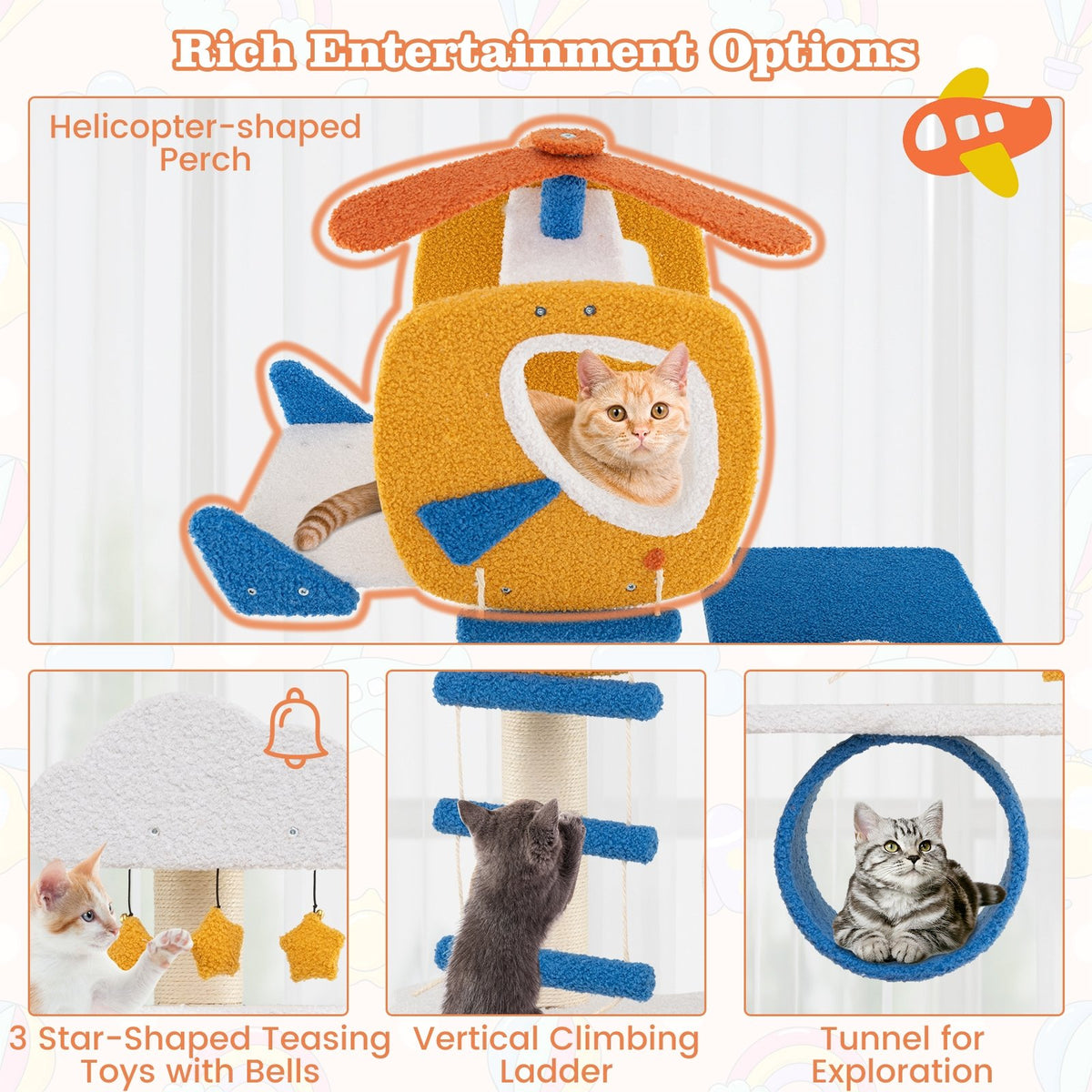 70 Inch Tall Aviation-themed Cat Tree with Helicopter Top Perch and Platforms-Yellow view 6