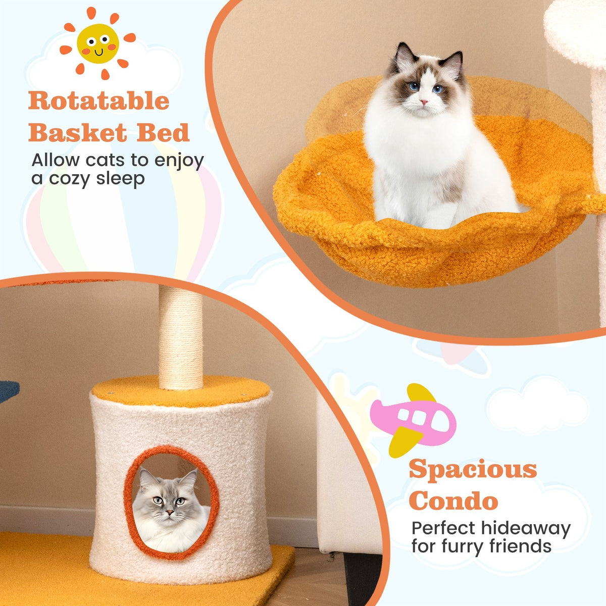 70 Inch Tall Aviation-themed Cat Tree with Helicopter Top Perch and Platforms-Yellow view 7