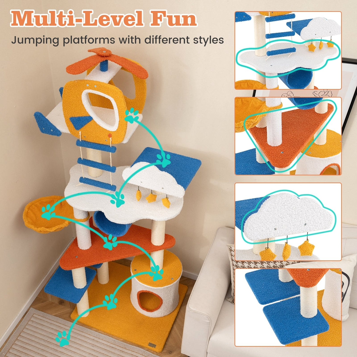 70 Inch Tall Aviation-themed Cat Tree with Helicopter Top Perch and Platforms-Yellow view 8