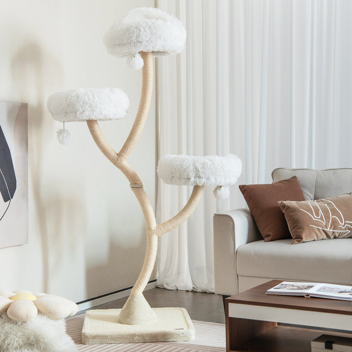 70 Inch Tall Cat Tree 4-Layer Cat Tower with 3 Perches and Dangling Balls-Beige view 3