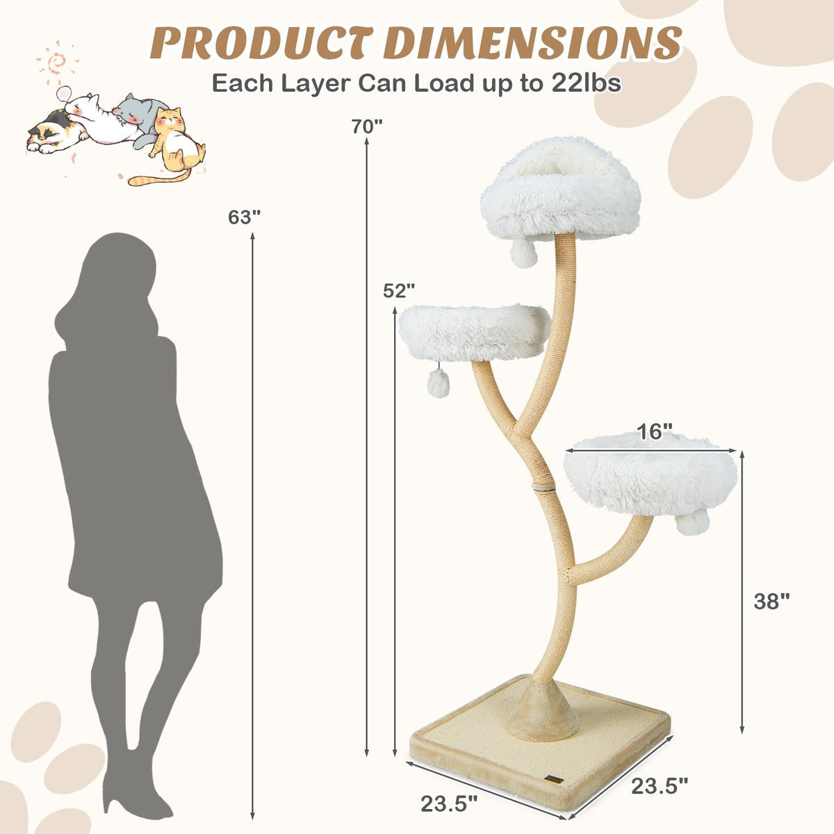 70 Inch Tall Cat Tree 4-Layer Cat Tower with 3 Perches and Dangling Balls-Beige view 5