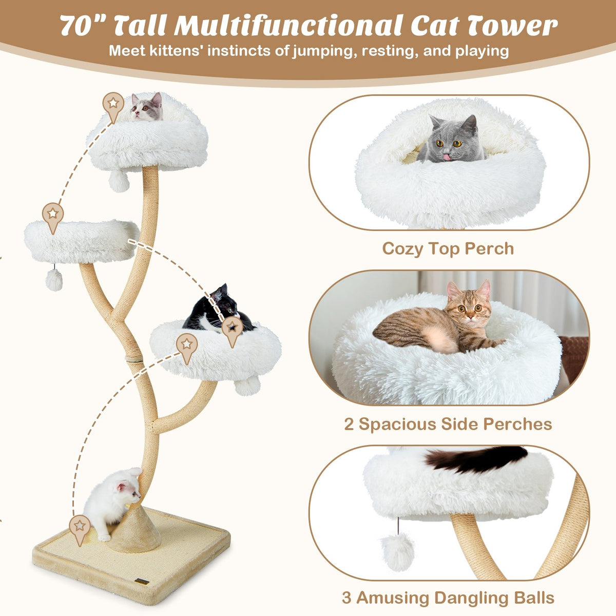70 Inch Tall Cat Tree 4-Layer Cat Tower with 3 Perches and Dangling Balls-Beige view 9