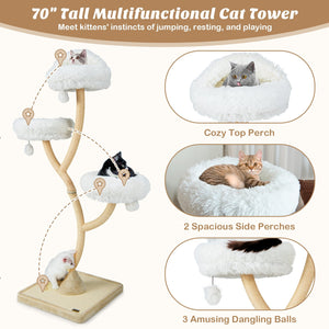 70 Inch Tall Cat Tree 4-Layer Cat Tower with 3 Perches and Dangling Balls-Beige view 9