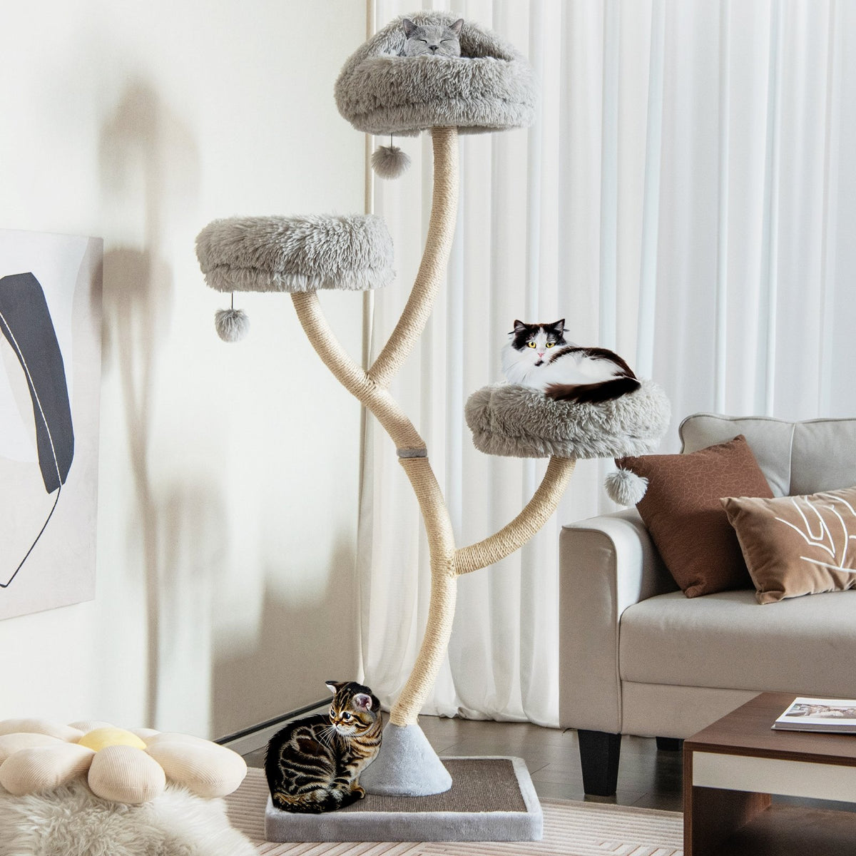 70 Inch Tall Cat Tree 4-Layer Cat Tower with 3 Perches and Dangling Balls-Gray view 2
