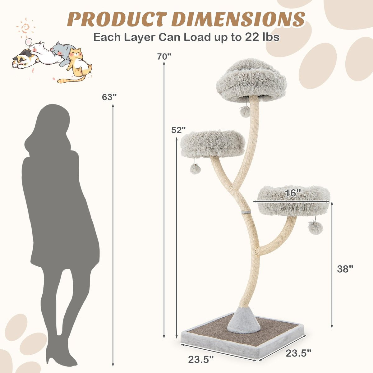 70 Inch Tall Cat Tree 4-Layer Cat Tower with 3 Perches and Dangling Balls-Gray view 5