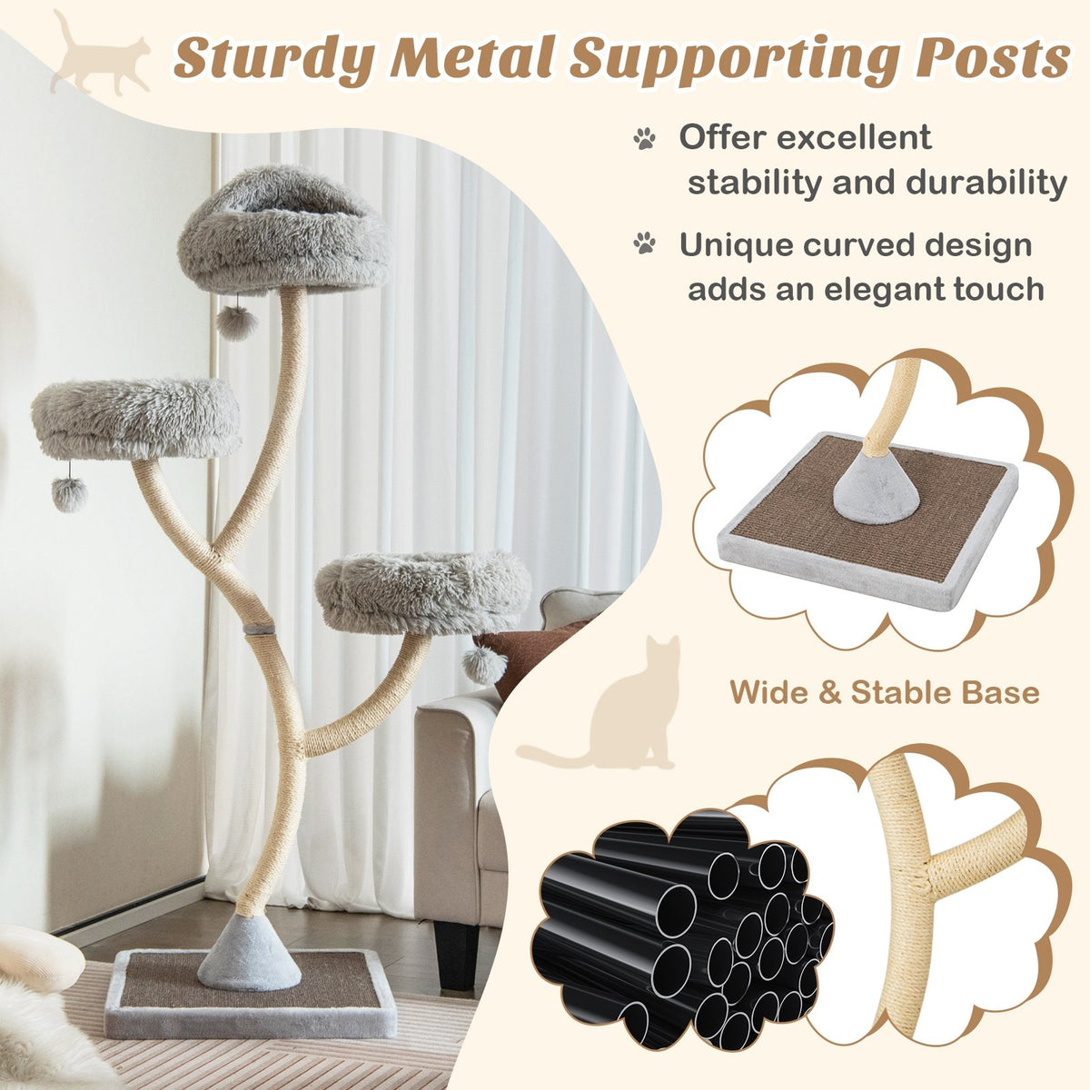 70 Inch Tall Cat Tree 4-Layer Cat Tower with 3 Perches and Dangling Balls-Gray view 6