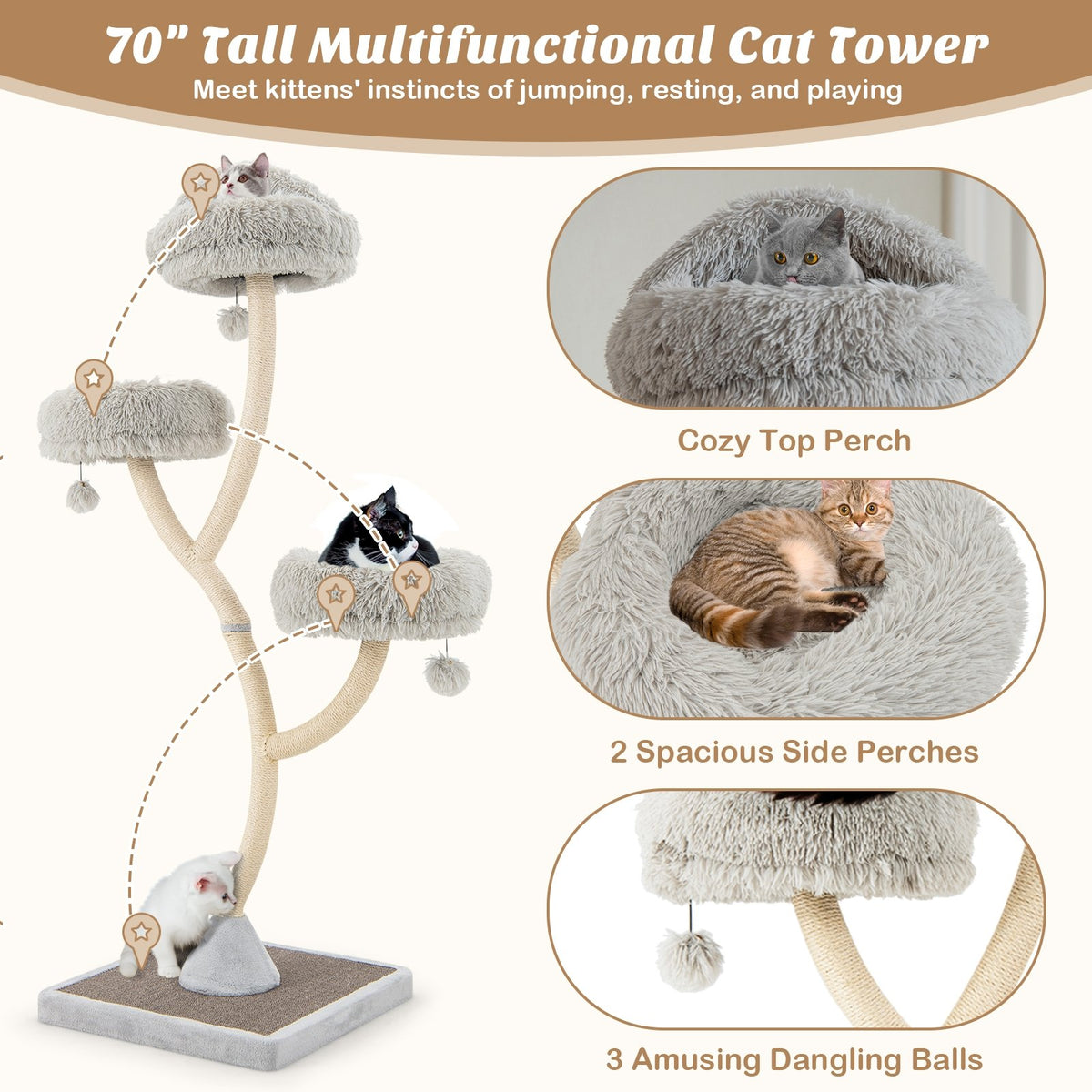 70 Inch Tall Cat Tree 4-Layer Cat Tower with 3 Perches and Dangling Balls-Gray view 7