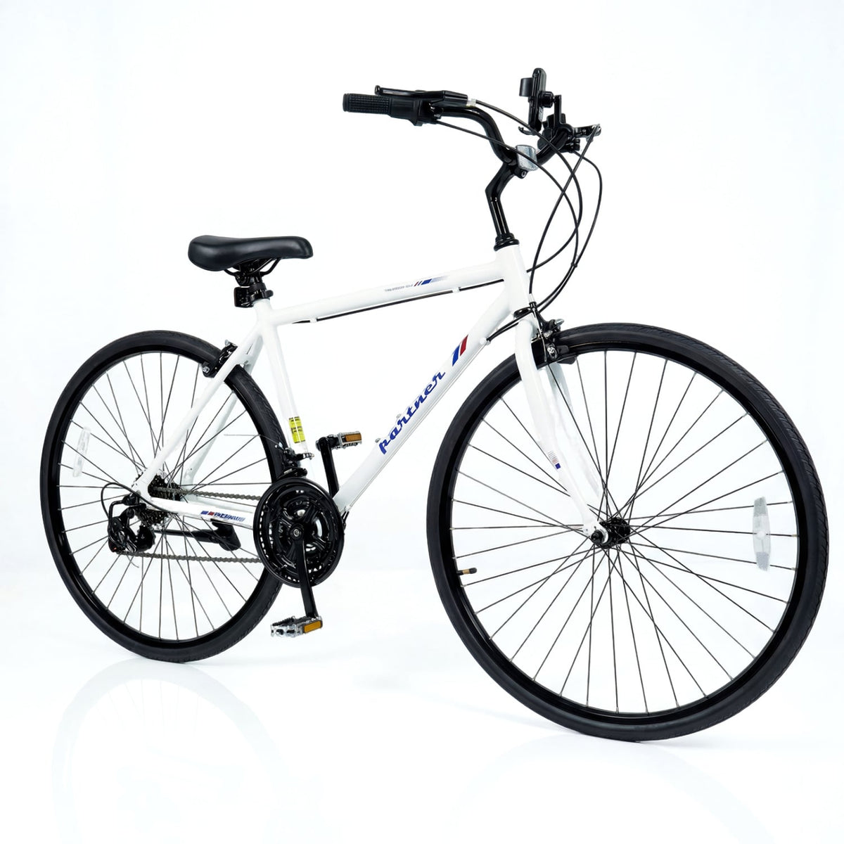 700C Hybrid Bike for Adult with 18-Speed Shimano Drivetrain and Phone Holder-White