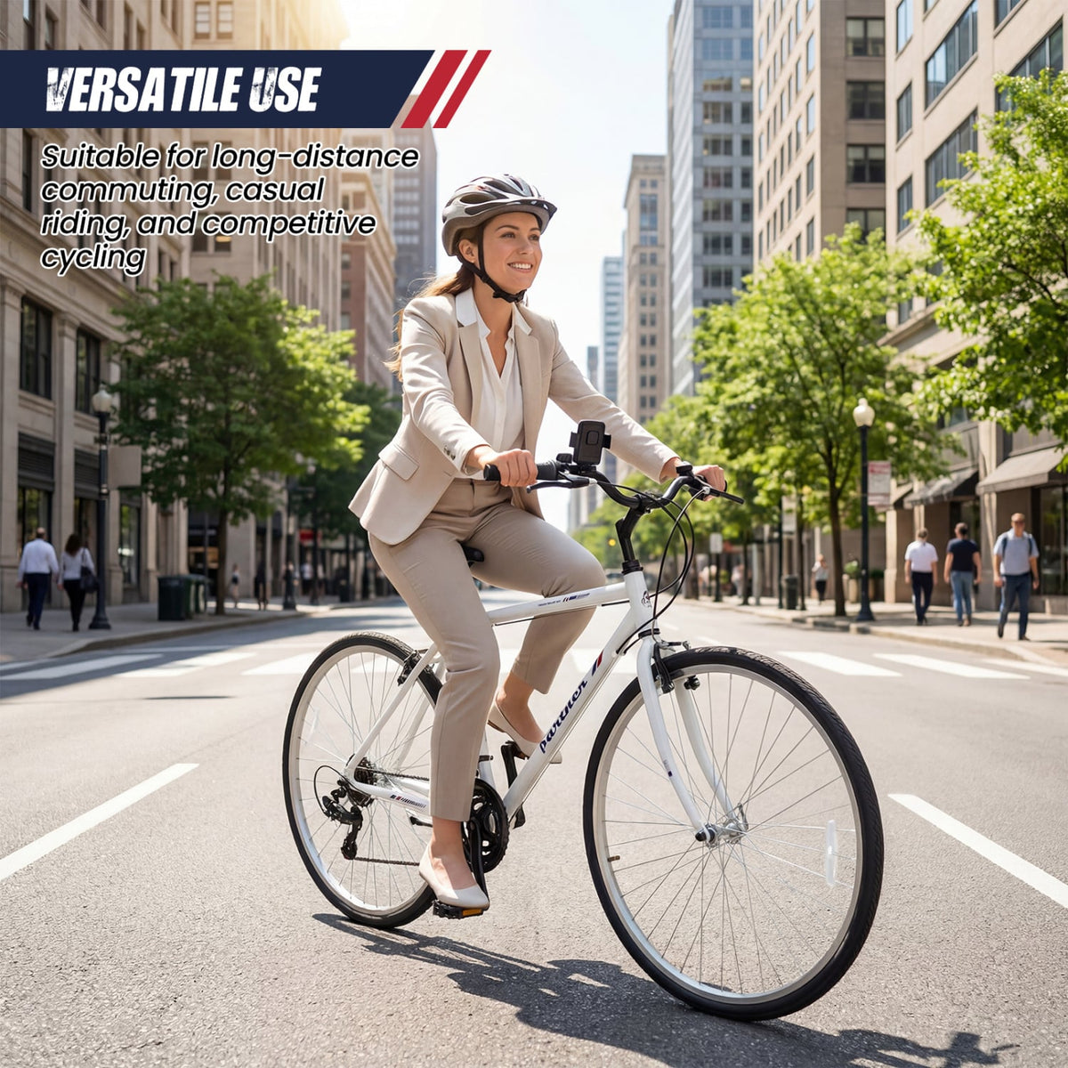 700C Hybrid Bike for Adult with 18-Speed Shimano Drivetrain and Phone Holder-White view 5