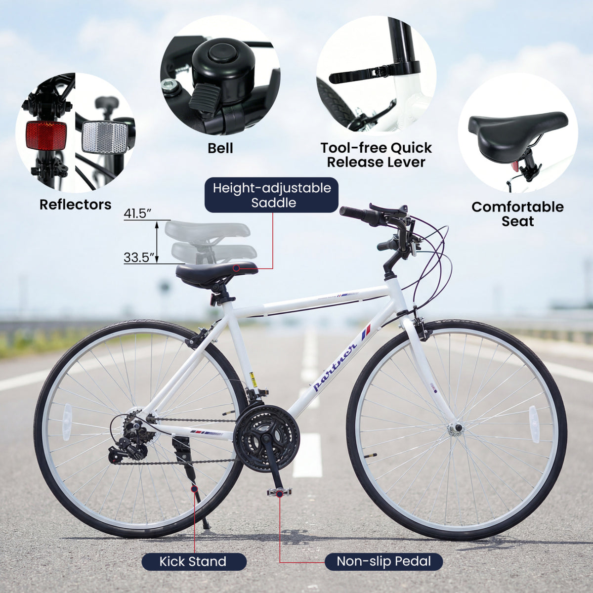 700C Hybrid Bike for Adult with 18-Speed Shimano Drivetrain and Phone Holder-White view 9