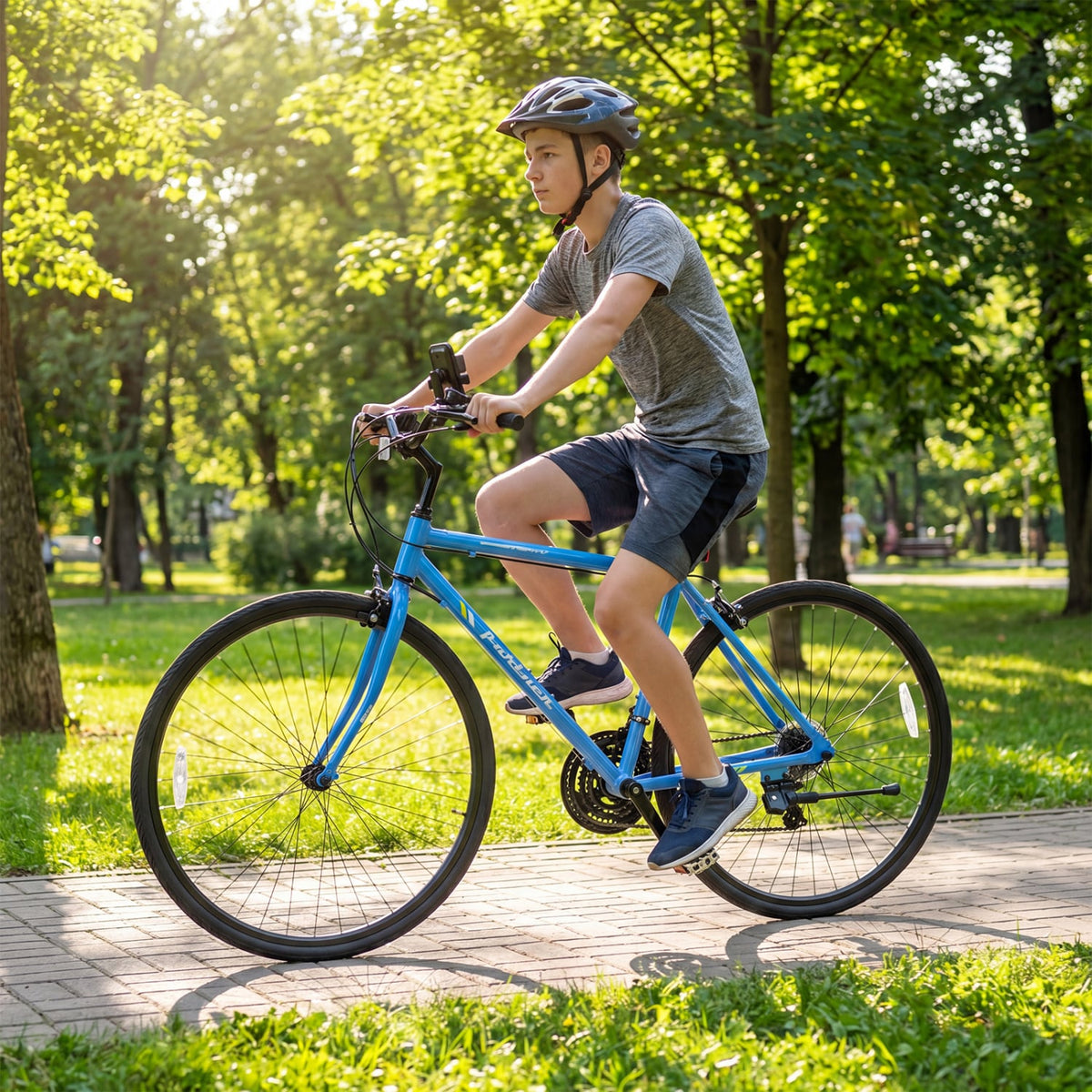 700C Hybrid Bike for Adult with 18-Speed Shimano Drivetrain and Phone Holder-Blue view 3