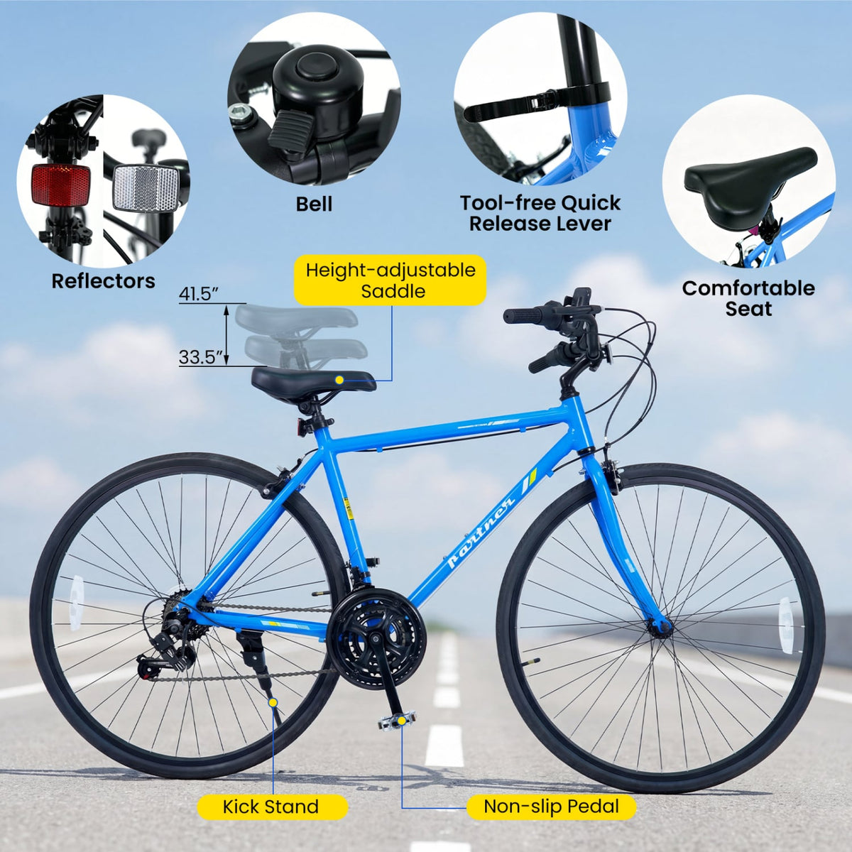700C Hybrid Bike for Adult with 18-Speed Shimano Drivetrain and Phone Holder-Blue view 5