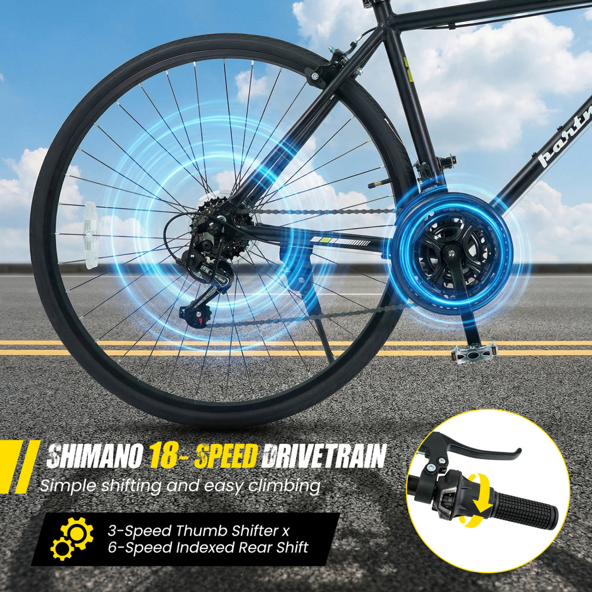700C Hybrid Bike for Adult with 18-Speed Shimano Drivetrain and Phone Holder-Black view 6