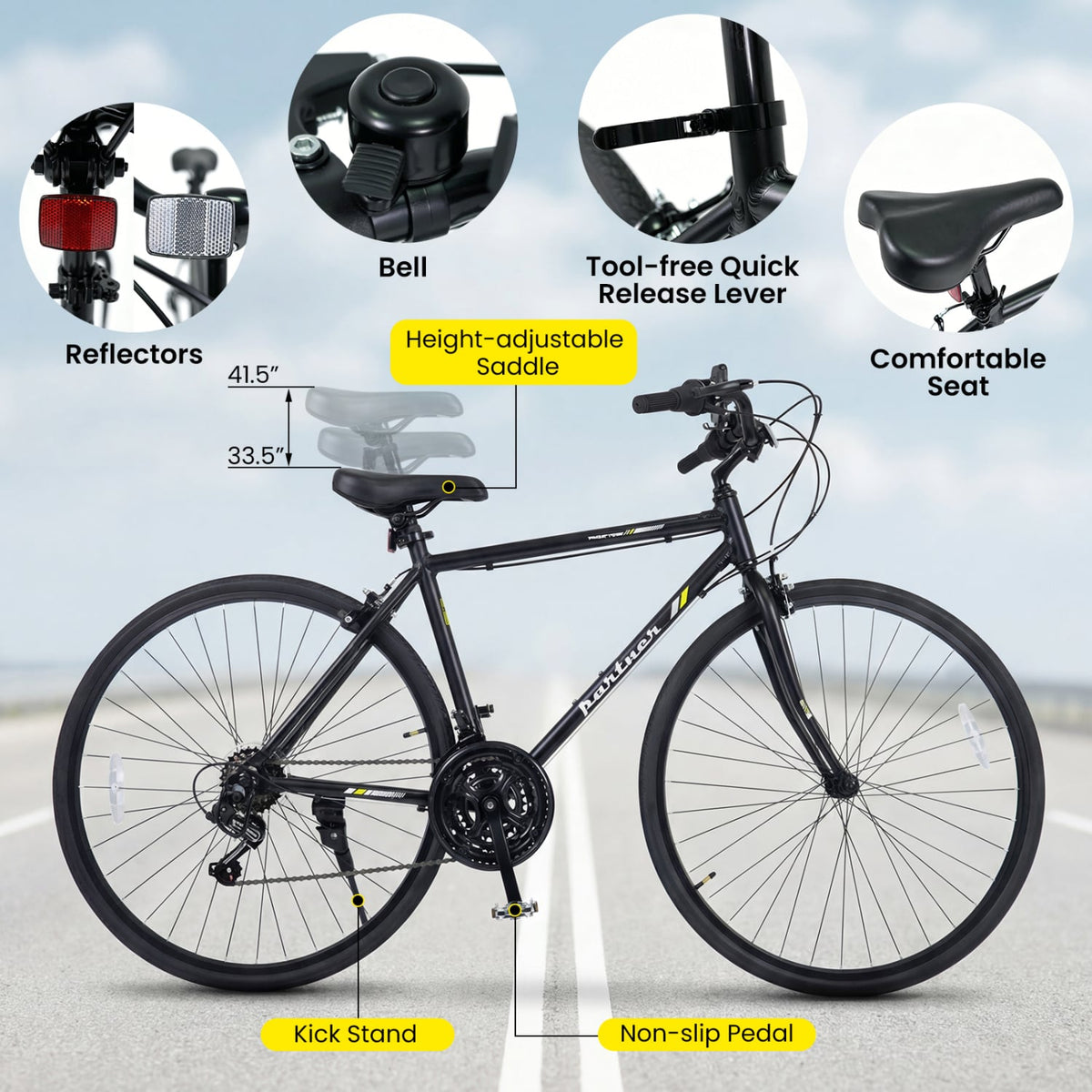 700C Hybrid Bike for Adult with 18-Speed Shimano Drivetrain and Phone Holder-Black view 9