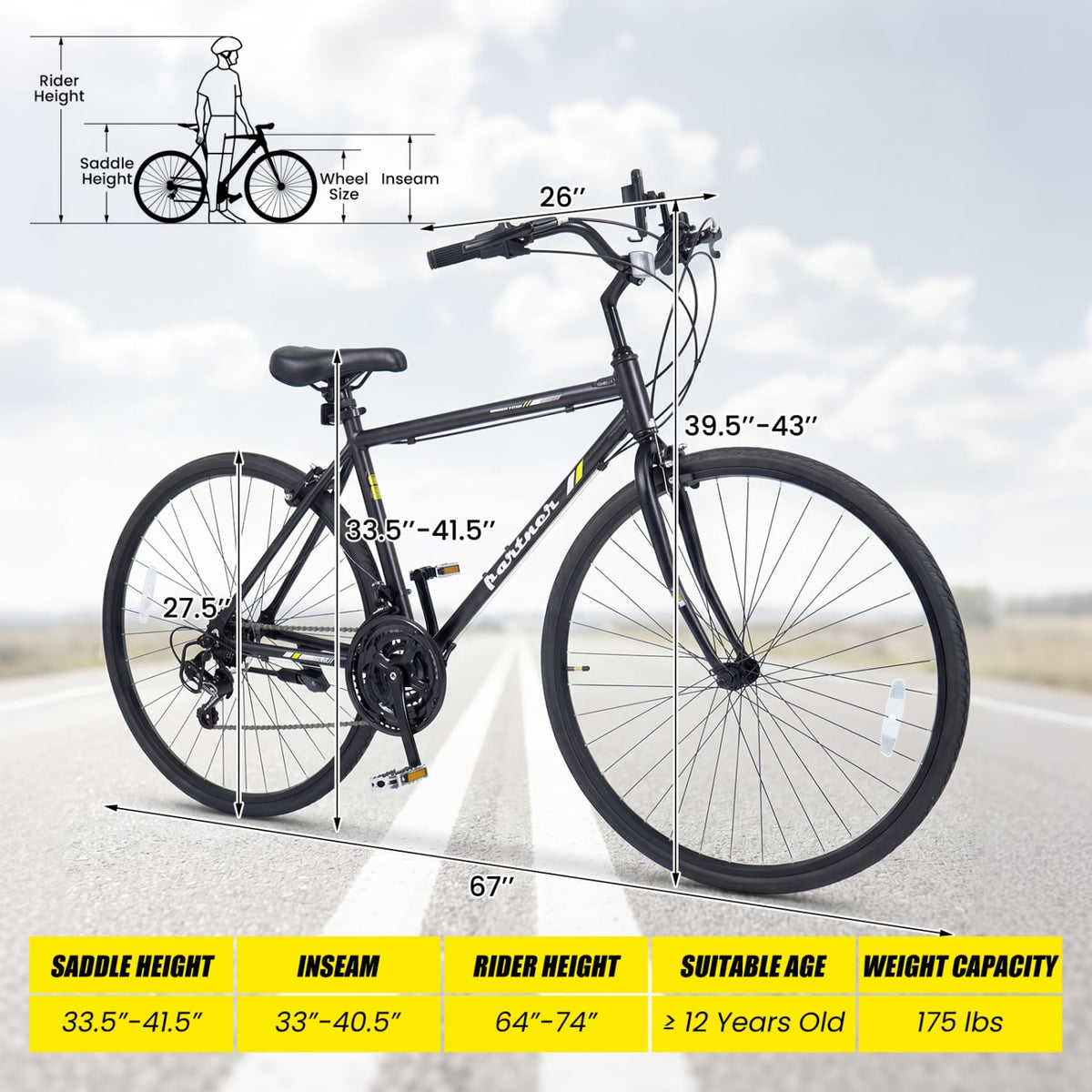 700C Hybrid Bike for Adult with 18-Speed Shimano Drivetrain and Phone Holder-Black view 3