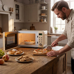 700W Retro Countertop Microwave Oven with 5 Micro Power and Auto Cooking Function-Cream White view 3