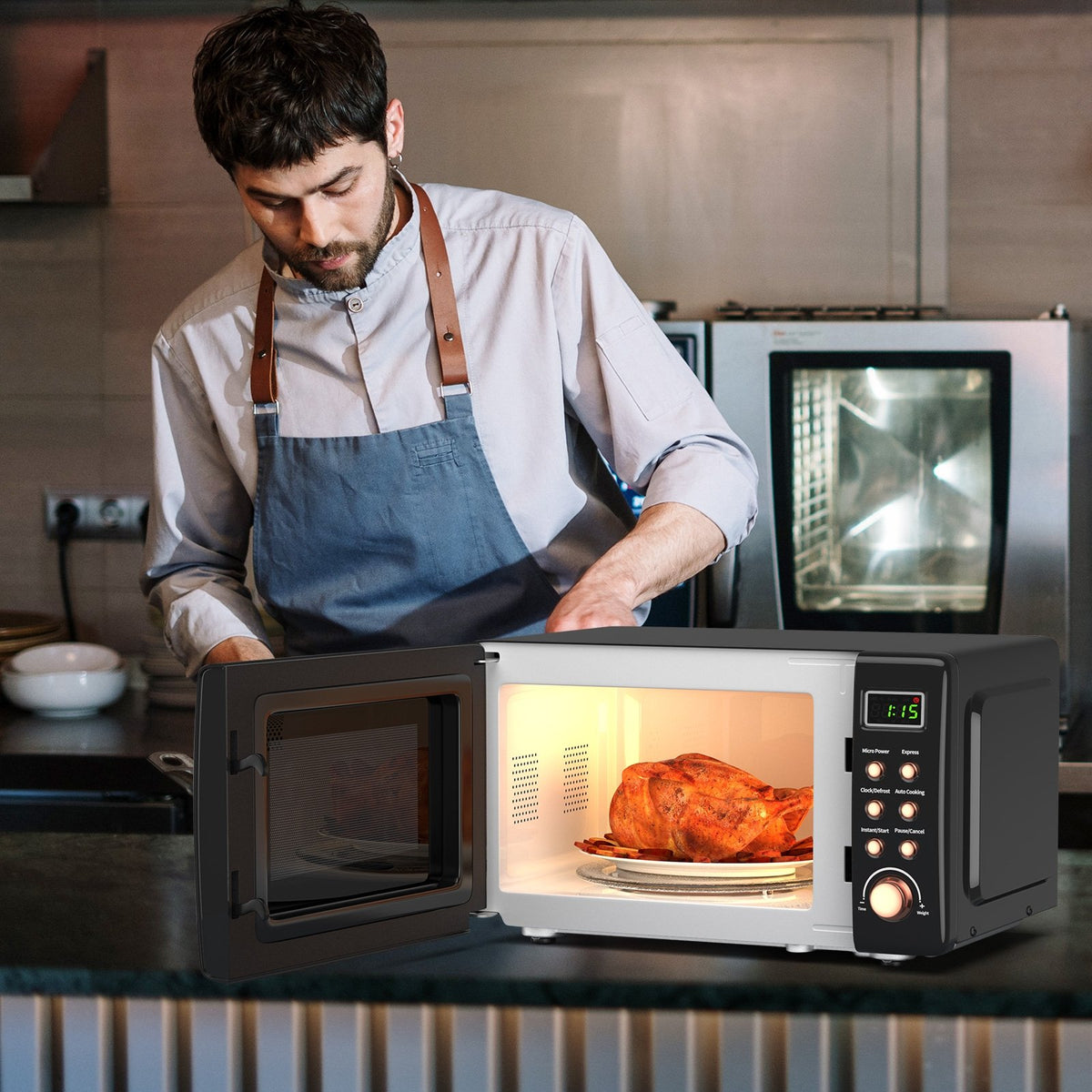 700W Retro Countertop Microwave Oven with 5 Micro Power and Auto Cooking Function-Golden view 2