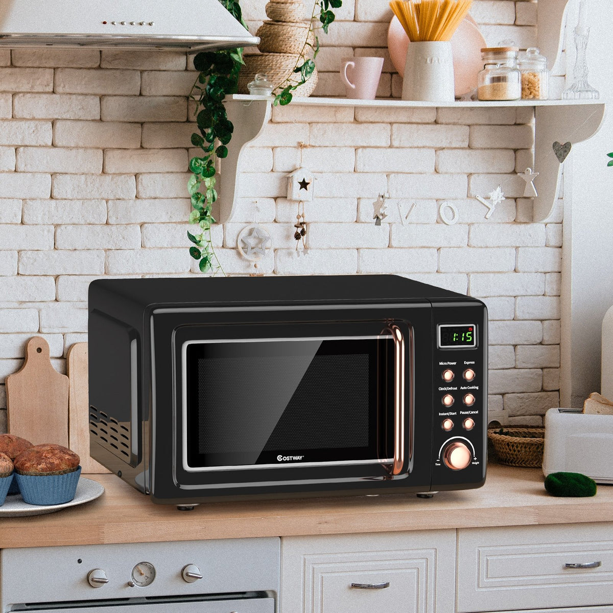 700W Retro Countertop Microwave Oven with 5 Micro Power and Auto Cooking Function-Golden view 3