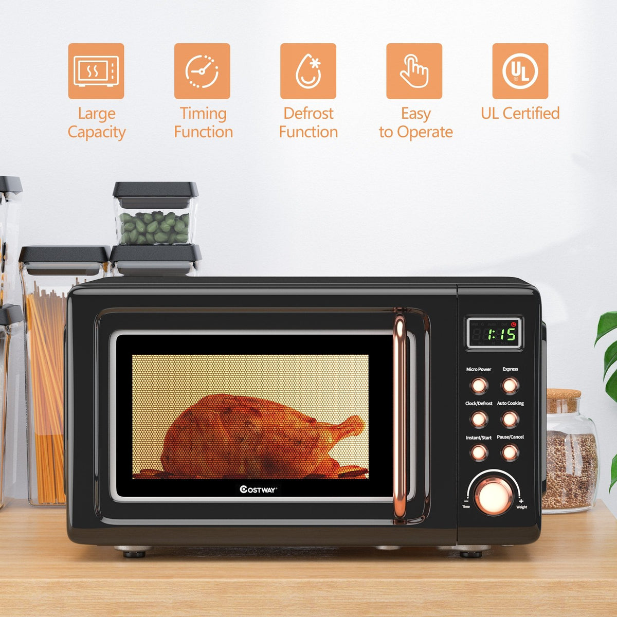 700W Retro Countertop Microwave Oven with 5 Micro Power and Auto Cooking Function-Golden view 6