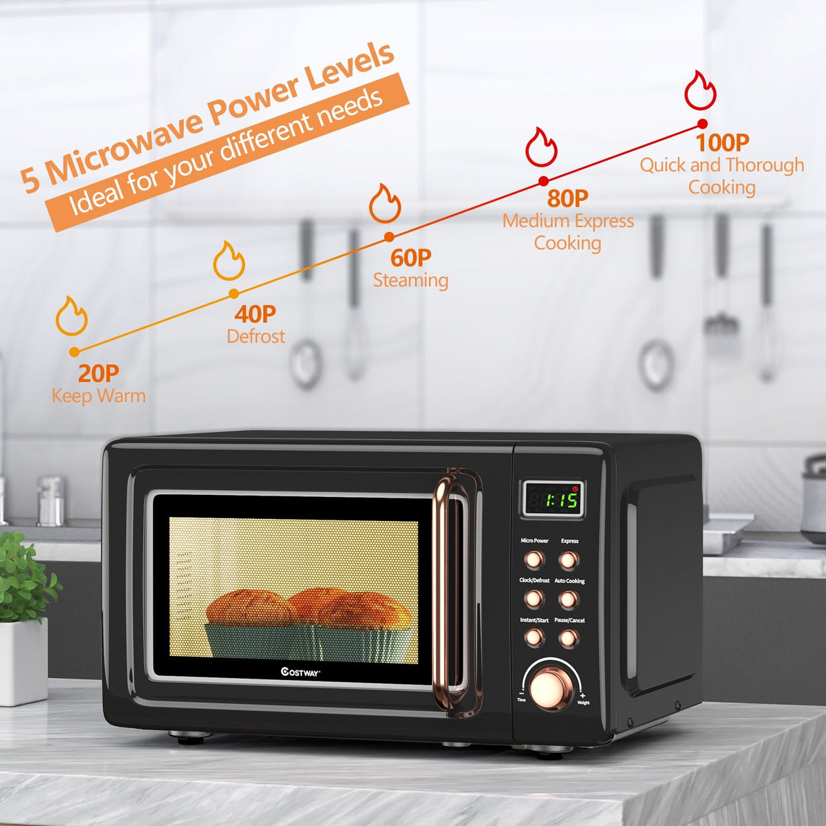700W Retro Countertop Microwave Oven with 5 Micro Power and Auto Cooking Function-Golden view 7