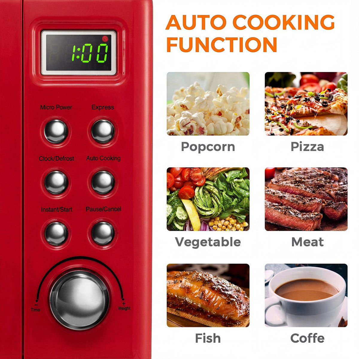 700W Retro Countertop Microwave Oven with 5 Micro Power and Auto Cooking Function-Light Red view 6
