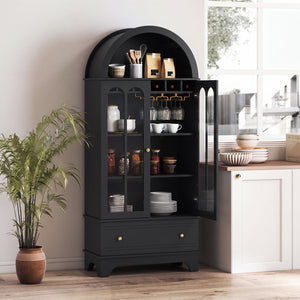 71.5 Inch Arched Cabinet 5-Tier with Tempered Glass Doors and Wine Rack-Black view 2