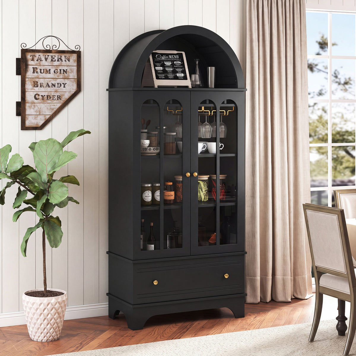 71.5 Inch Arched Cabinet 5-Tier with Tempered Glass Doors and Wine Rack-Black view 3
