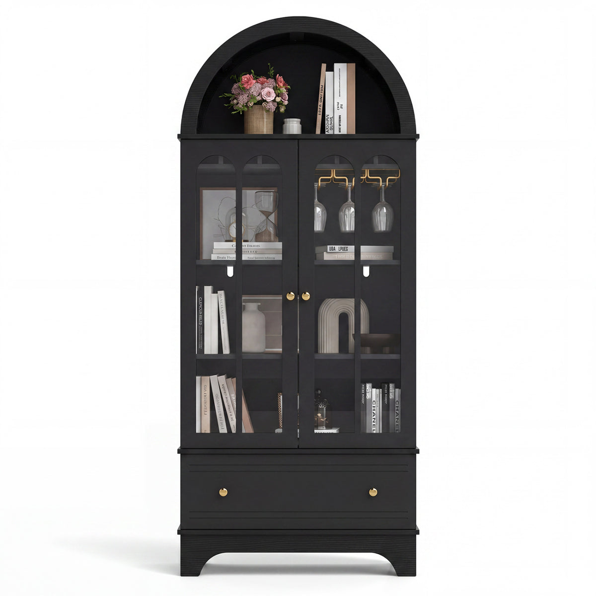 71.5 Inch Arched Cabinet 5-Tier with Tempered Glass Doors and Wine Rack-Black view 4