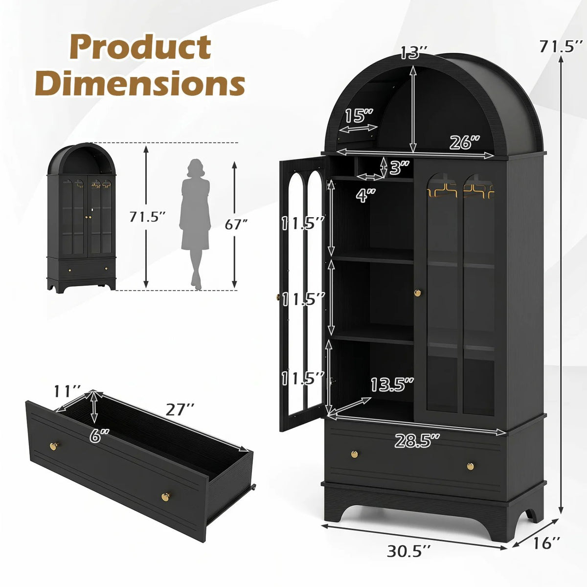 71.5 Inch Arched Cabinet 5-Tier with Tempered Glass Doors and Wine Rack-Black view 5
