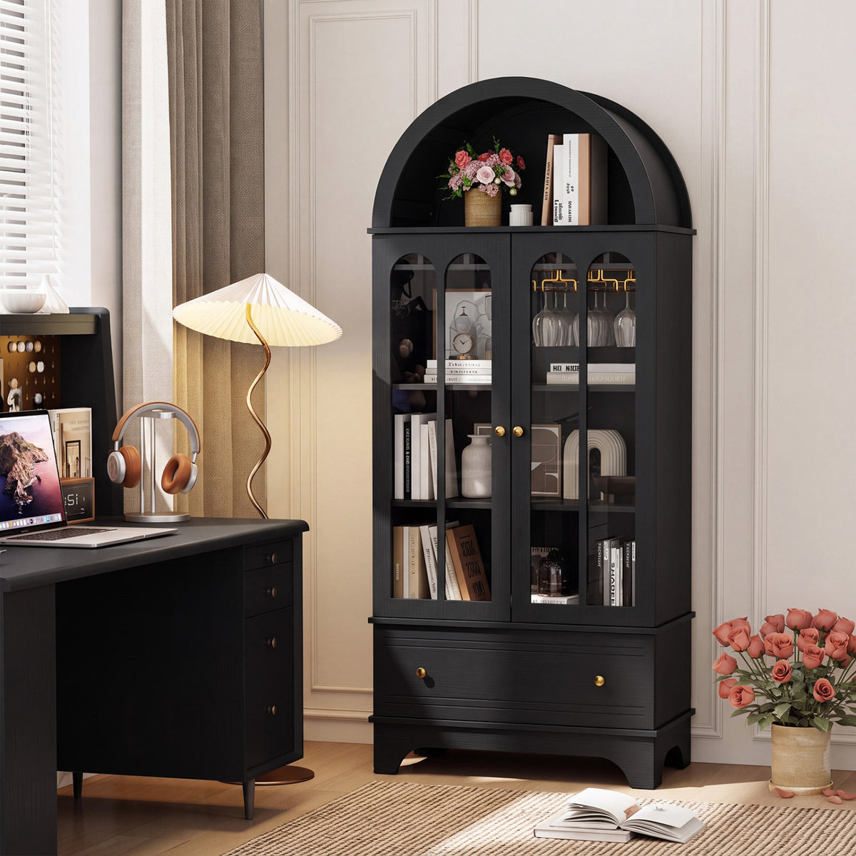 71.5 Inch Arched Cabinet 5-Tier with Tempered Glass Doors and Wine Rack-Black view 6