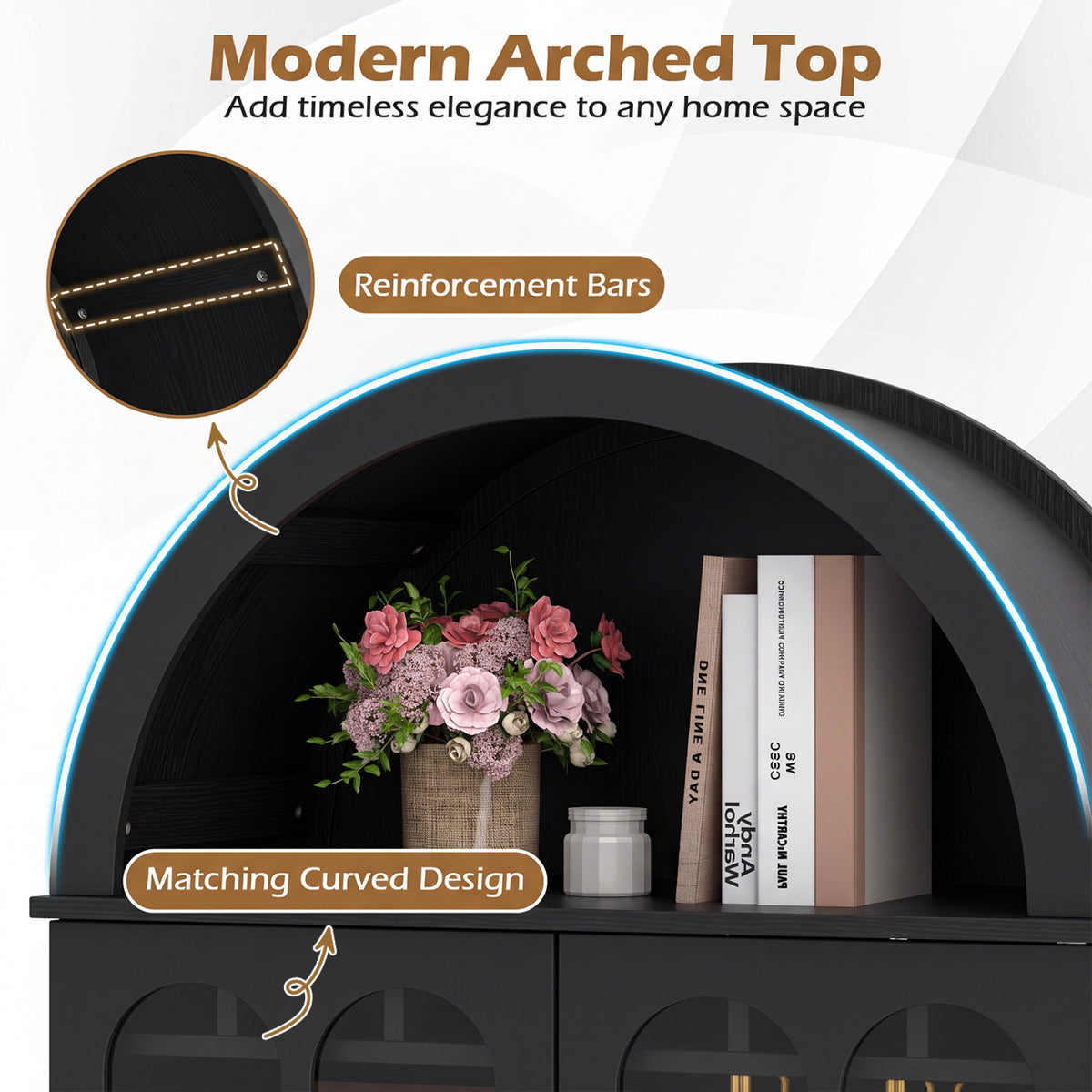 71.5 Inch Arched Cabinet 5-Tier with Tempered Glass Doors and Wine Rack-Black view 7