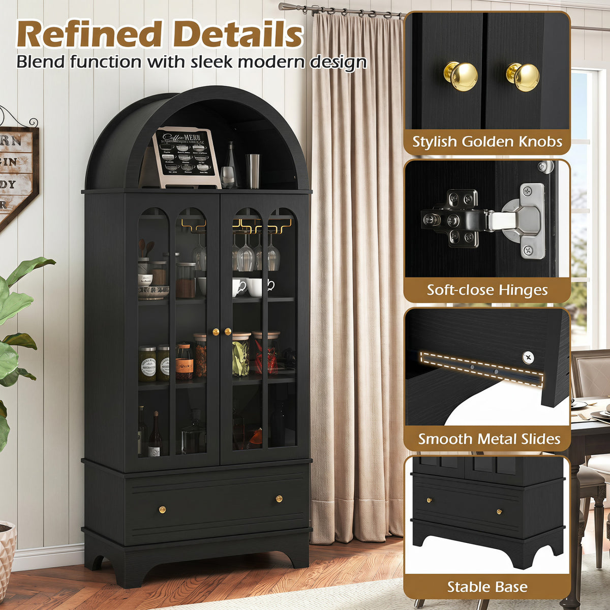 71.5 Inch Arched Cabinet 5-Tier with Tempered Glass Doors and Wine Rack-Black view 9