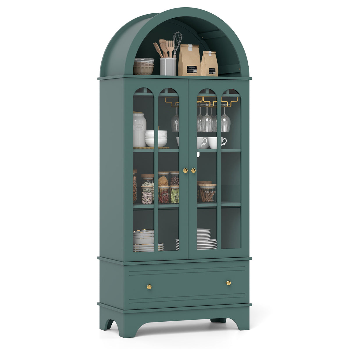 71.5 Inch Arched Cabinet 5-Tier with Tempered Glass Doors and Wine Rack-Green