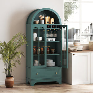 71.5 Inch Arched Cabinet 5-Tier with Tempered Glass Doors and Wine Rack-Green view 2