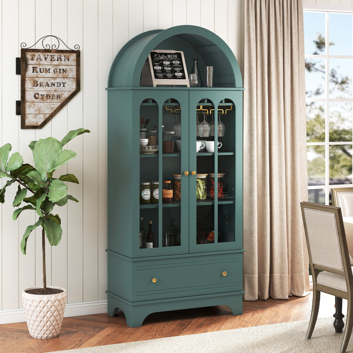 71.5 Inch Arched Cabinet 5-Tier with Tempered Glass Doors and Wine Rack-Green view 3