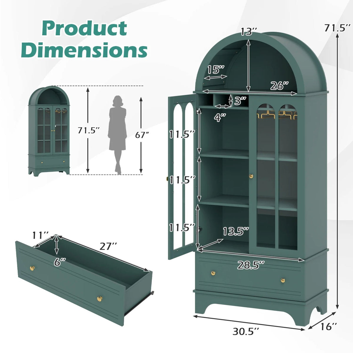 71.5 Inch Arched Cabinet 5-Tier with Tempered Glass Doors and Wine Rack-Green view 5