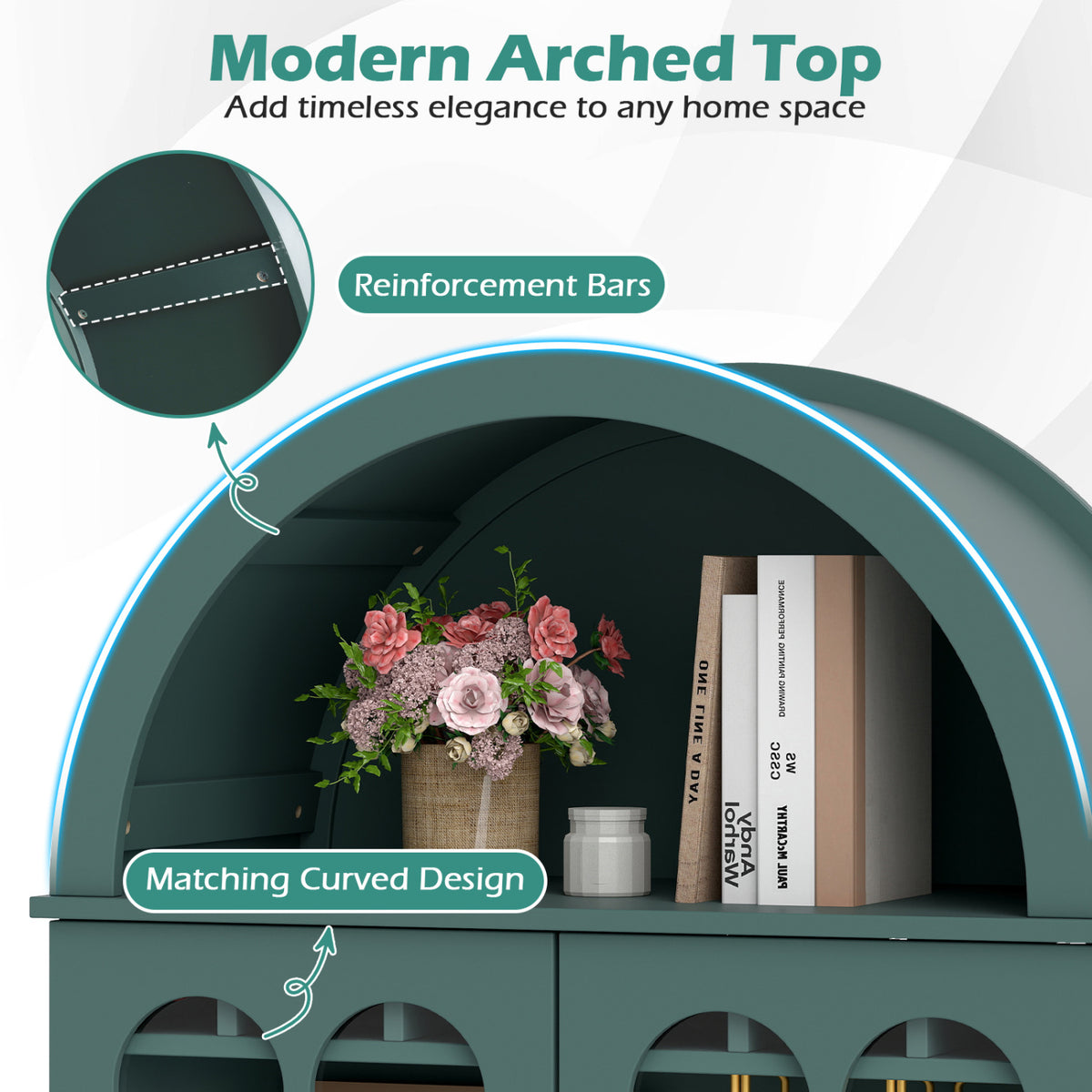 71.5 Inch Arched Cabinet 5-Tier with Tempered Glass Doors and Wine Rack-Green view 7