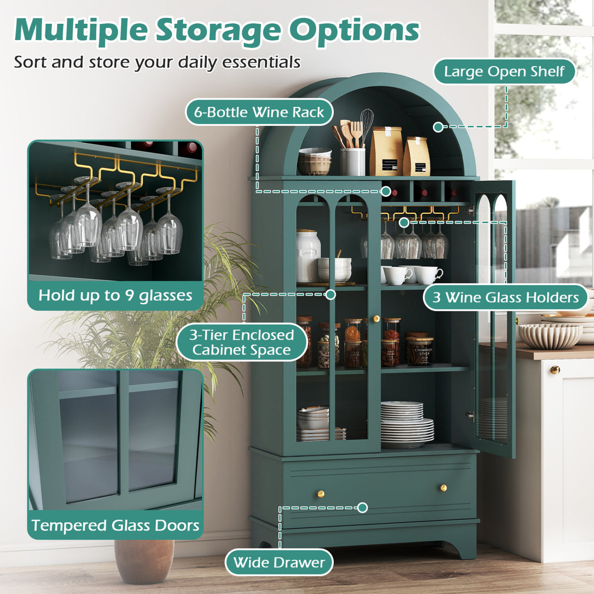 71.5 Inch Arched Cabinet 5-Tier with Tempered Glass Doors and Wine Rack-Green view 8