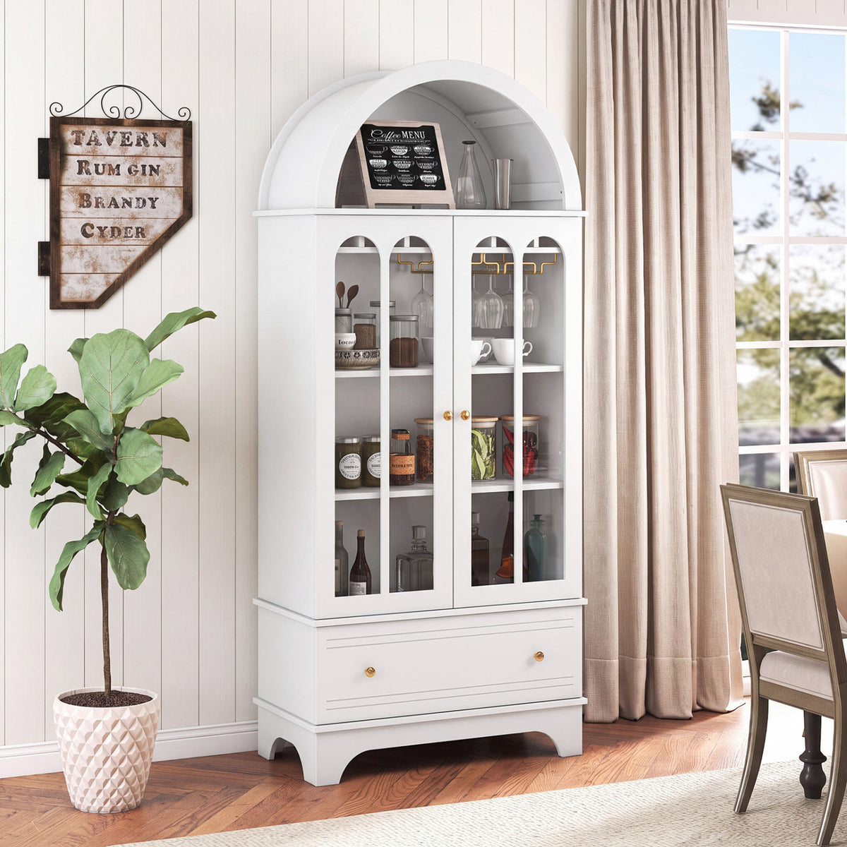71.5 Inch Arched Cabinet 5-Tier with Tempered Glass Doors and Wine Rack-White view 3