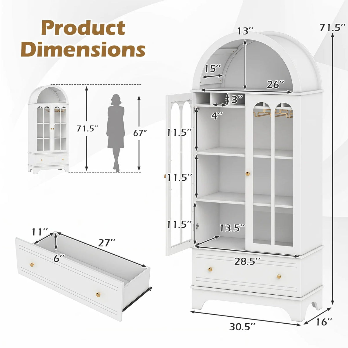 71.5 Inch Arched Cabinet 5-Tier with Tempered Glass Doors and Wine Rack-White view 5
