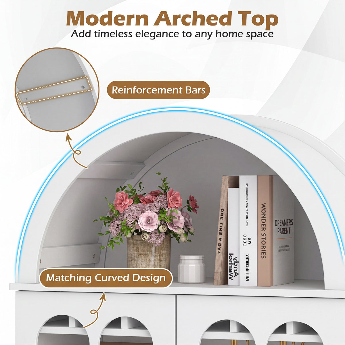71.5 Inch Arched Cabinet 5-Tier with Tempered Glass Doors and Wine Rack-White view 7