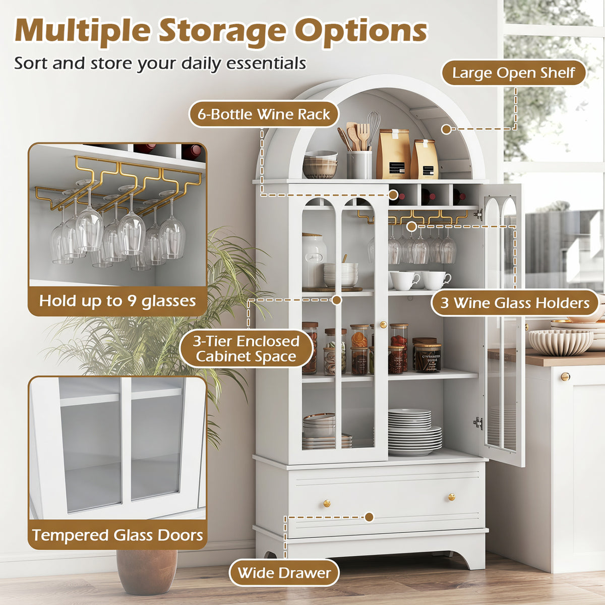 71.5 Inch Arched Cabinet 5-Tier with Tempered Glass Doors and Wine Rack-White view 8