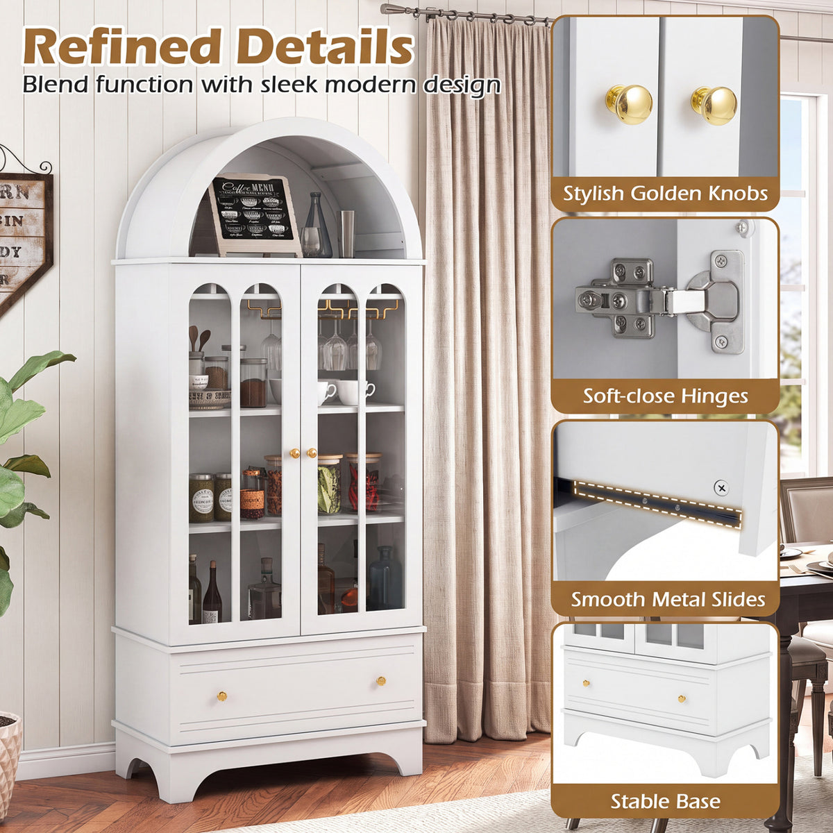 71.5 Inch Arched Cabinet 5-Tier with Tempered Glass Doors and Wine Rack-White view 9