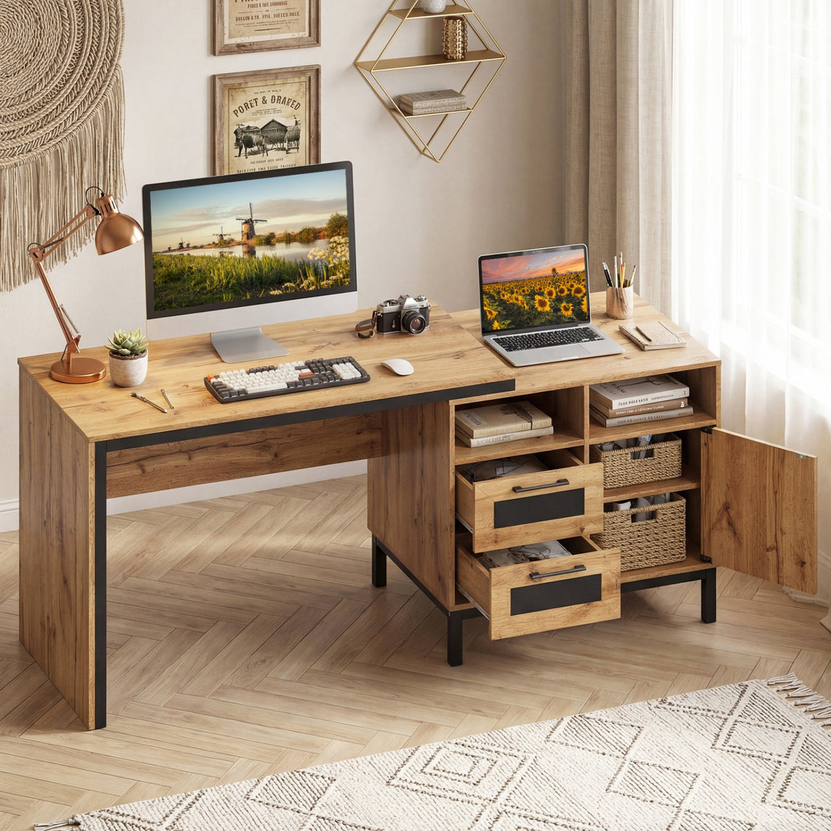 71-Inch Computer Table with Open Compartments and Drawers-Natural view 2