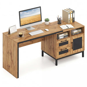 71-Inch Computer Table with Open Compartments and Drawers-Natural view 4