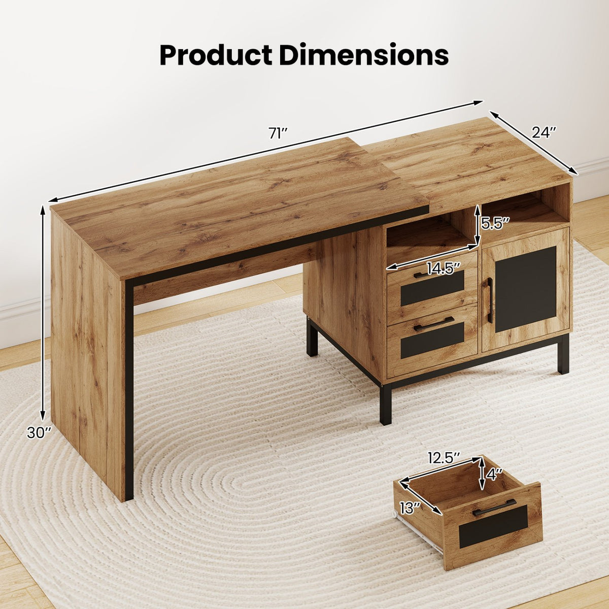 71-Inch Computer Table with Open Compartments and Drawers-Natural view 5