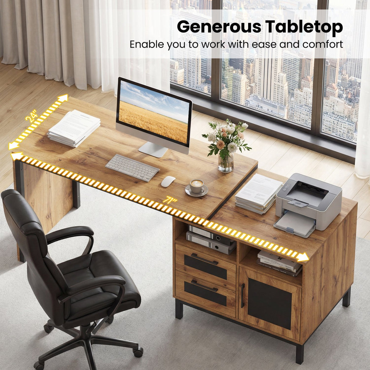 71-Inch Computer Table with Open Compartments and Drawers-Natural view 7