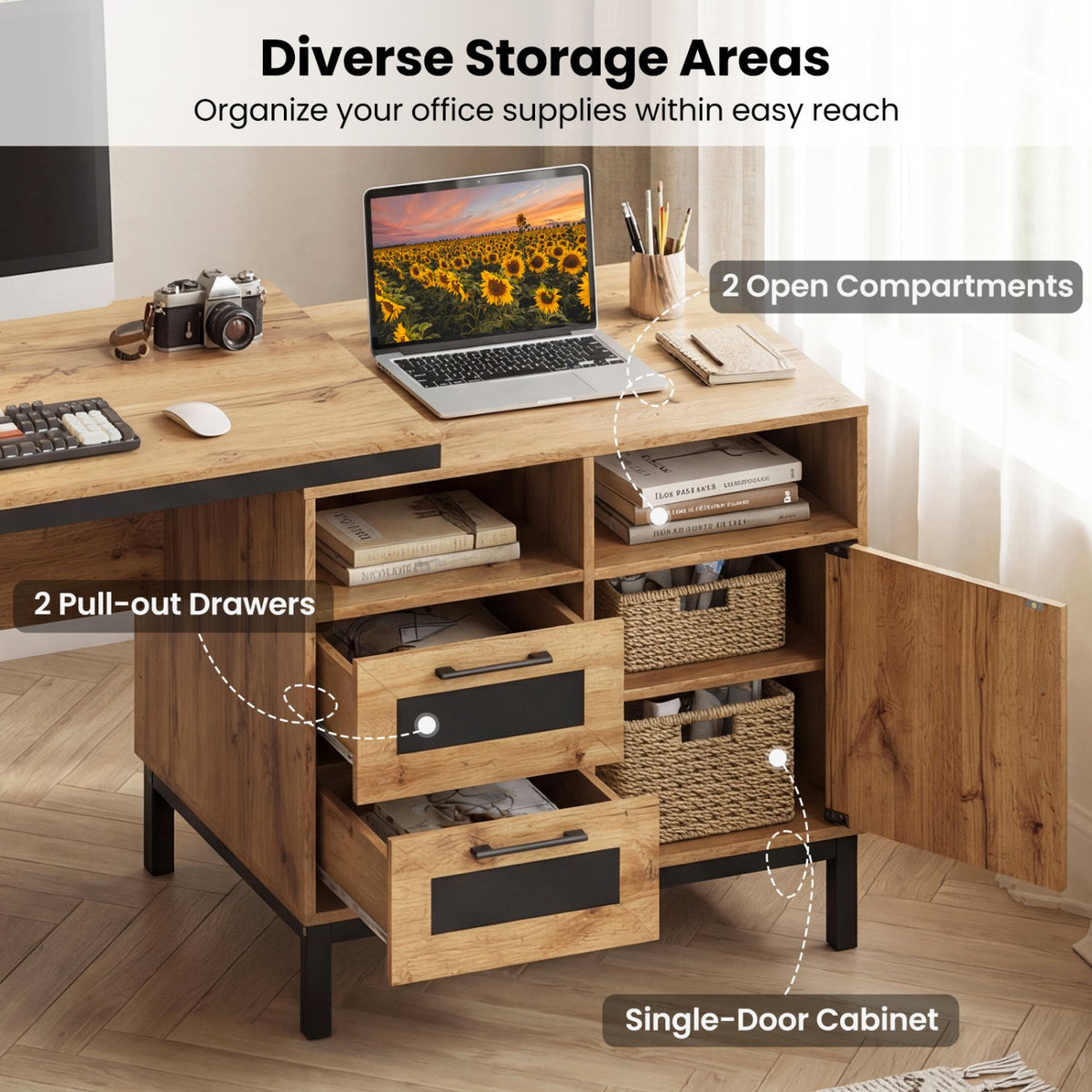 71-Inch Computer Table with Open Compartments and Drawers-Natural view 8