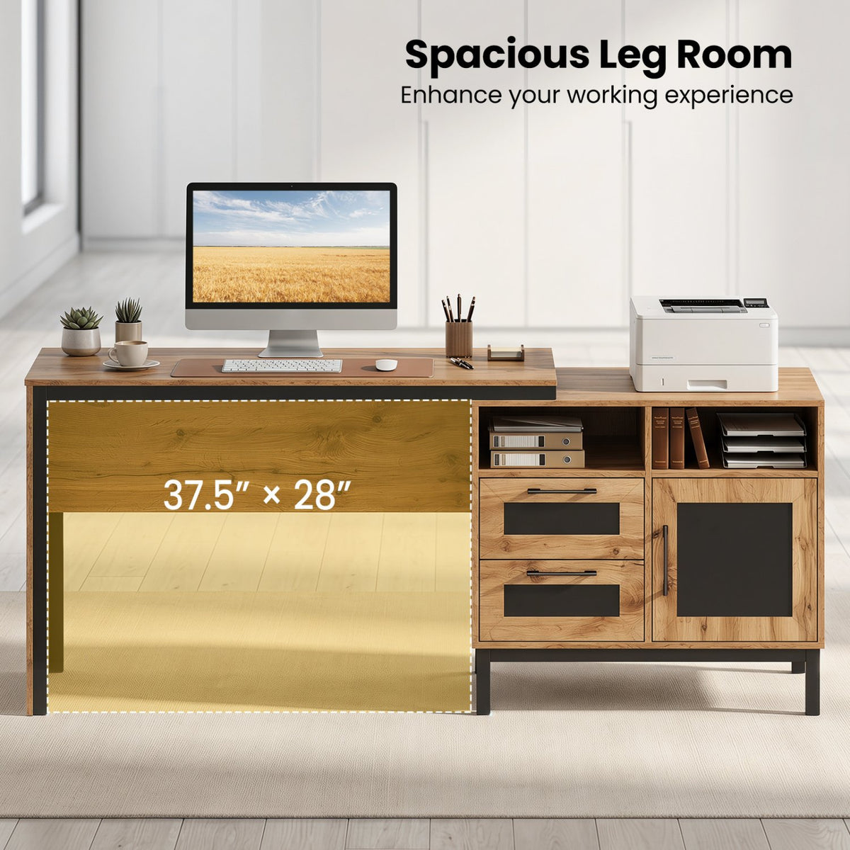 71-Inch Computer Table with Open Compartments and Drawers-Natural view 9