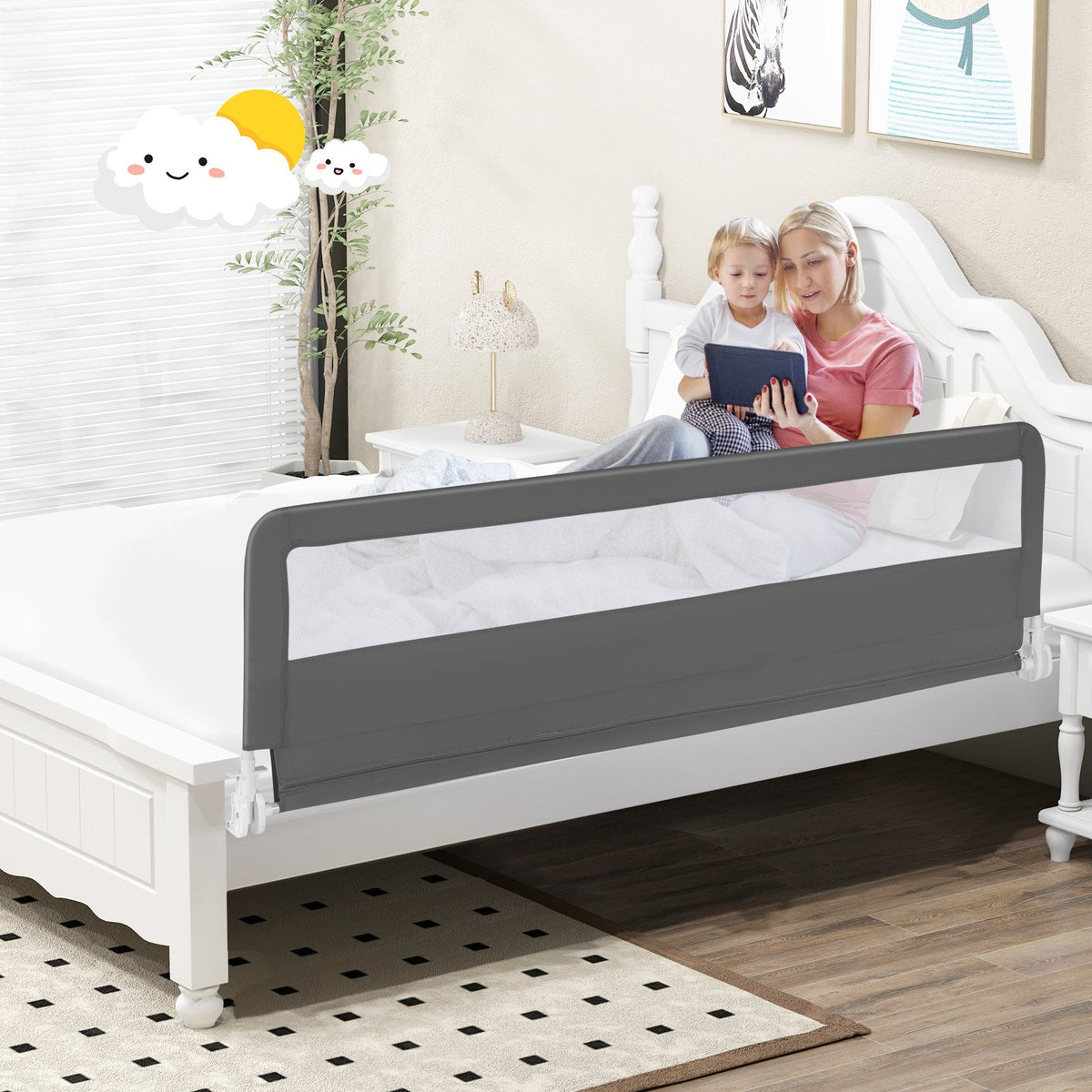 71 Inch Extra Long Swing Down Bed Guardrail with Safety Straps-Gray view 2